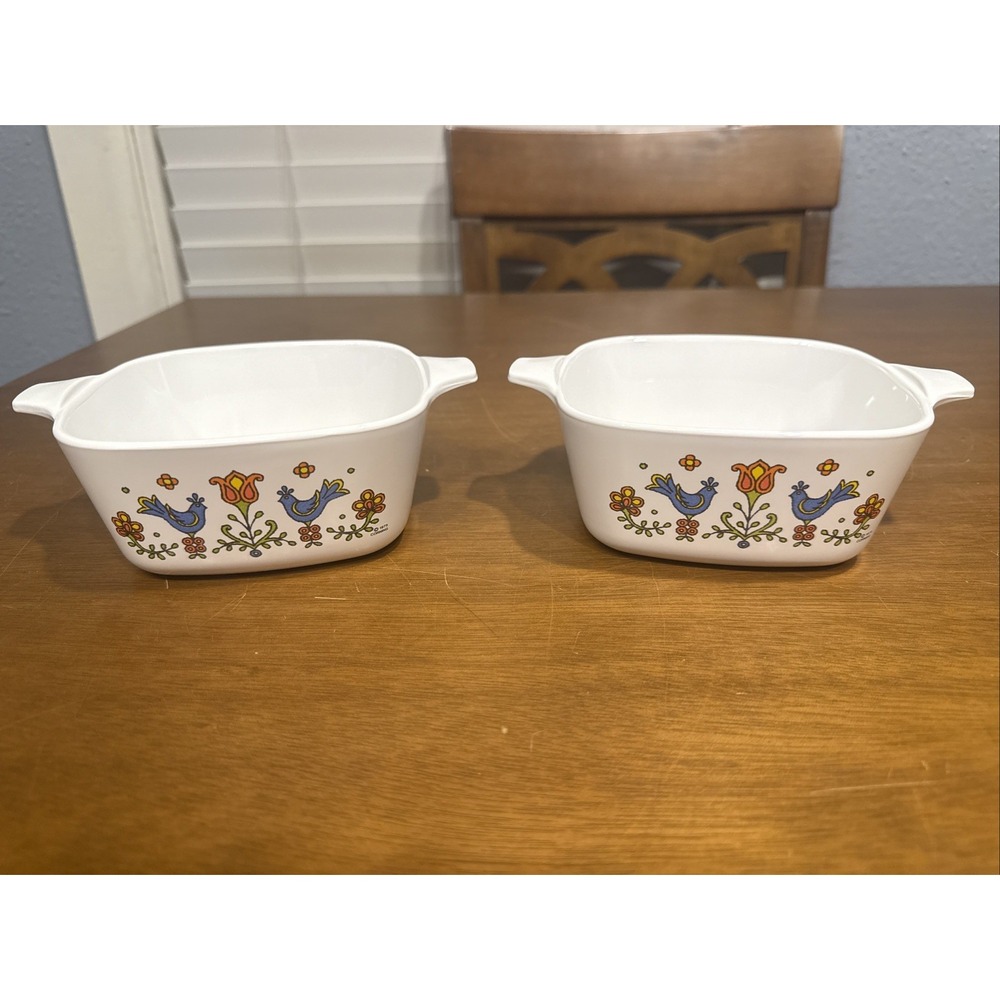 Lot 2 Corning Ware 2 3/4 Cup Dish Country Festival Bluebird P-43-B Vintage 1975